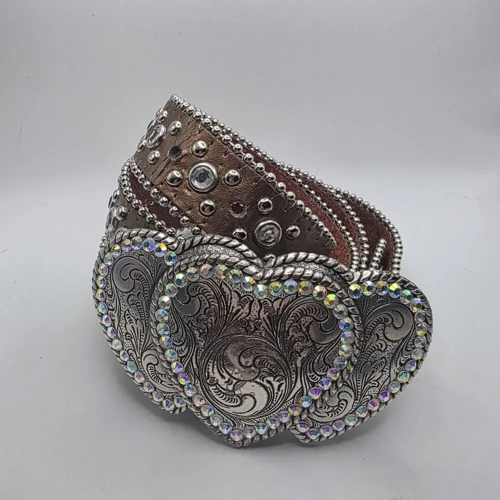 Nocona Western Heart Concho Rhinestone Leather Belt Cowgirl Rodeo Boho - Picture 1 of 7